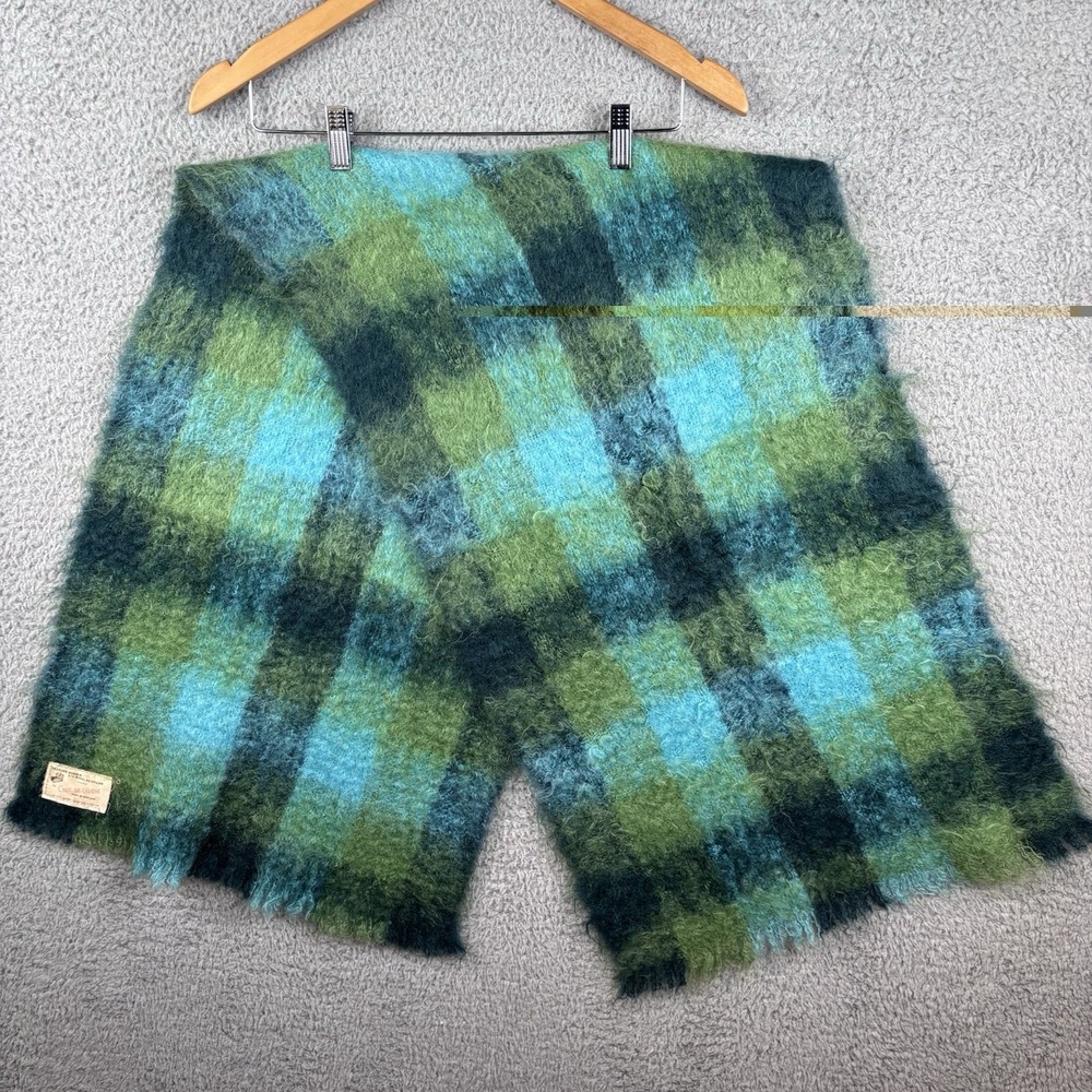 Vintage Scarf Blue Green Mohair Blend‎ Made In Scotland 58"x16" Soft Plaid
